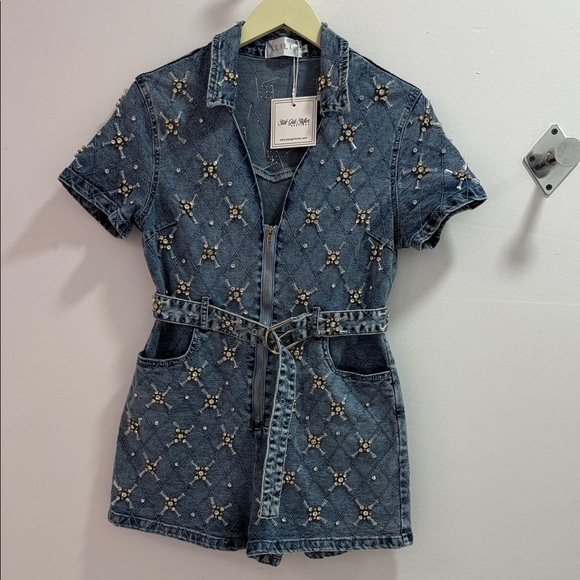 Embellished Denim Romper